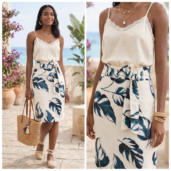 Ann Taylor Dresses & Skirts - Ann Taylor Ivory Teal Leaves Linen Blend Tie Waist Pencil Skirt Size 8 Petite